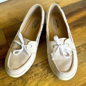 Eastland Women's “Skip” Slip-On, Tan/White Stripe Canvas Boat Shoes, Size 8